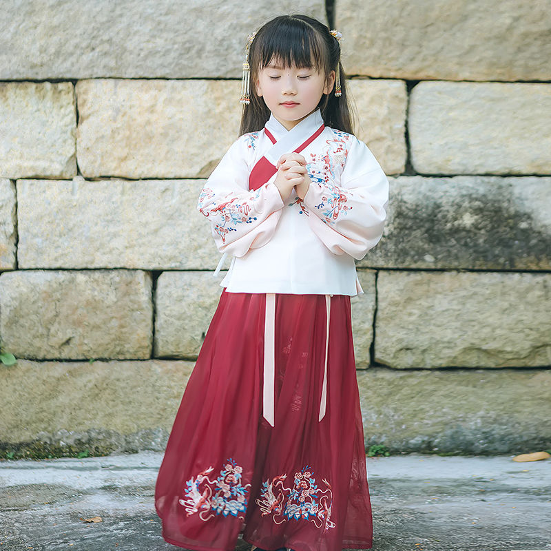 祥云花卉錦鯉刺繡漢服，清新淡雅漢服兒童裝