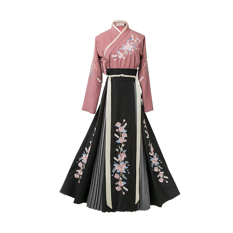 花團(tuán)錦簇交領(lǐng)襦裙?jié)h服，褶裙團(tuán)花刺繡漢服圖片