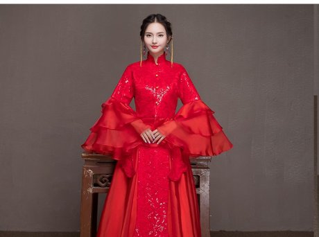 荷葉邊袖新娘結(jié)婚禮服，優(yōu)雅網(wǎng)紗蓬松中式禮服