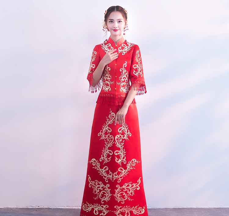 時(shí)尚修身新娘結(jié)婚禮服，龍鳳褂中式禮服