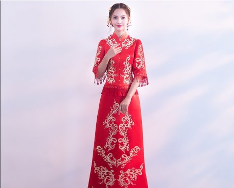 時(shí)尚修身新娘結(jié)婚禮服，龍鳳褂中式禮服