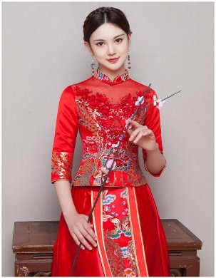 古典華麗新娘禮服，復(fù)古蕾絲中式禮服