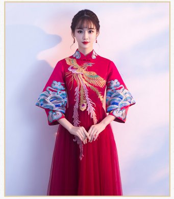 復(fù)古鳳凰刺繡中式禮服，中國風(fēng)結(jié)婚晚禮服