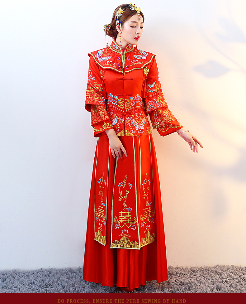 紅色復(fù)古典雅中式禮服，新娘結(jié)婚禮服