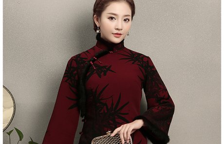 黑紅畫(huà)竹復(fù)古毛包邊女士唐裝