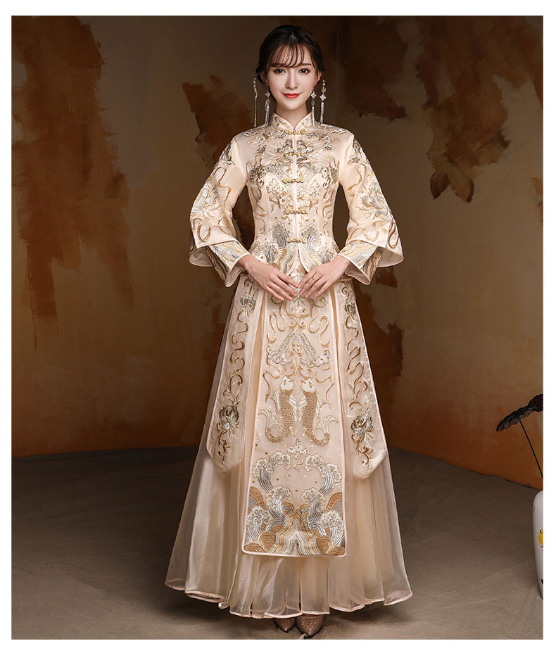 淡黃色中國風(fēng)中式禮服，新娘結(jié)婚禮服