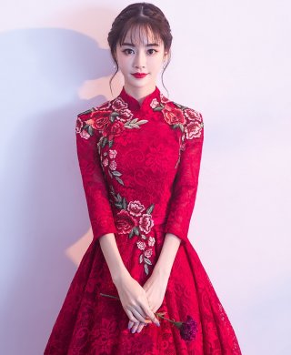 古典蕾絲中式禮服，優(yōu)雅花朵晚禮服