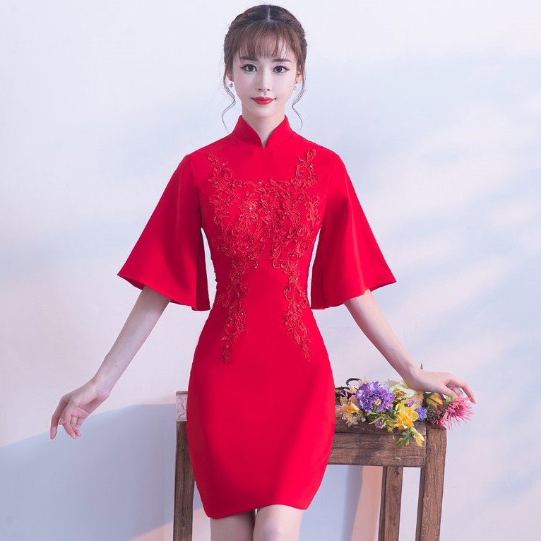 氣質(zhì)小禮服裙，短款紅色中式禮服