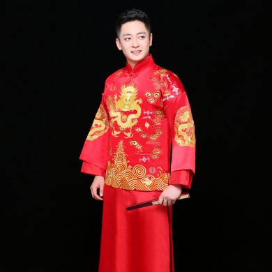 金龍刺繡男士中式禮服，時(shí)尚中國(guó)風(fēng)新郎禮服