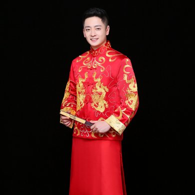 雙龍刺繡男士中式禮服，時(shí)尚中國(guó)風(fēng)新郎禮服