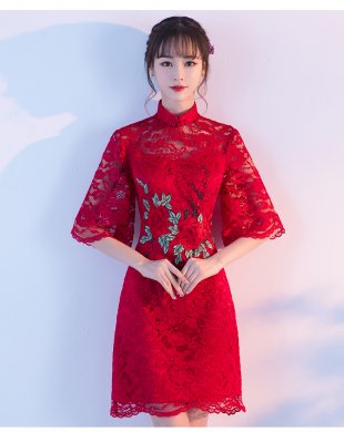 復(fù)古蕾絲敬酒服，紅色花朵中式禮服