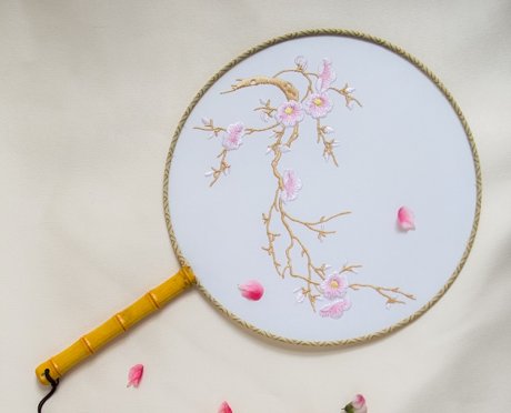 清新桃花刺繡團(tuán)扇，粉色韻味繡花宮扇工藝扇子