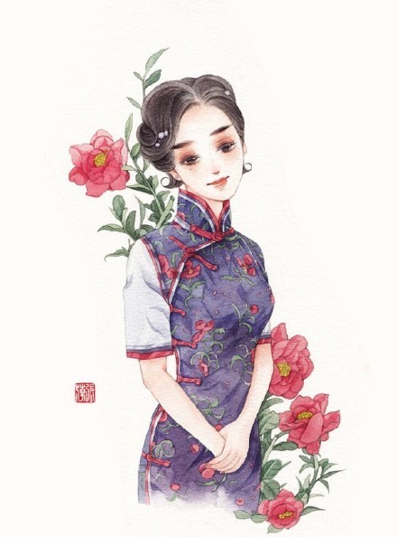 清新水彩旗袍女子插畫，唯美的古風插畫圖集