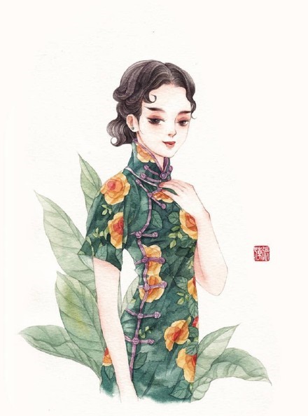 清新水彩旗袍女子插畫，唯美的古風插畫圖集