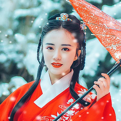 唯美古風(fēng)真人頭像：雪花帶傘紅衣女生頭像